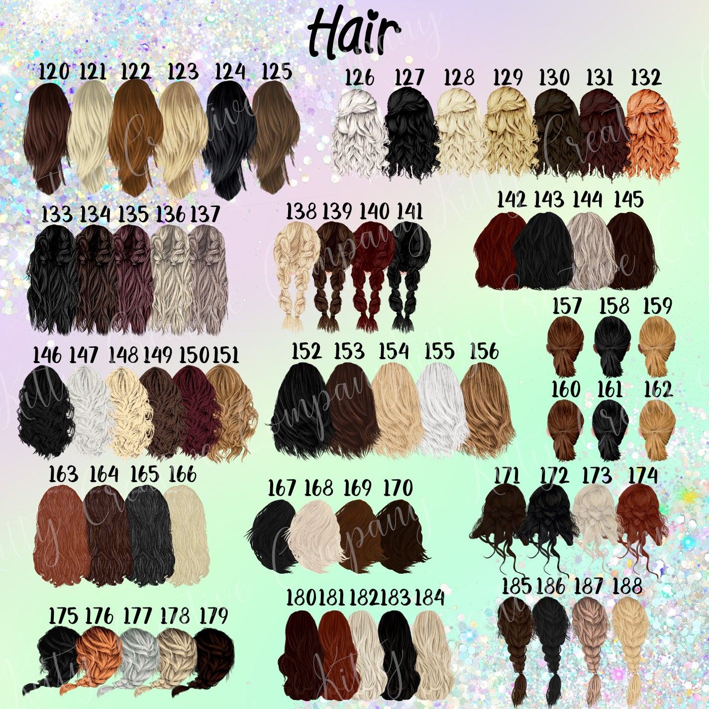 Picture shows the final set of hair options numbered 120 to 188