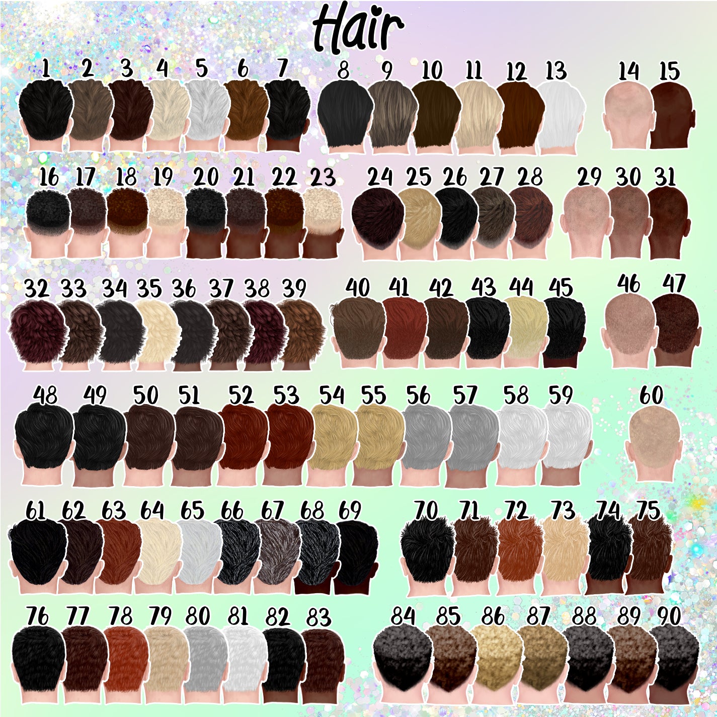 Shows the different options for hair for personalisation for this mug, from short to long