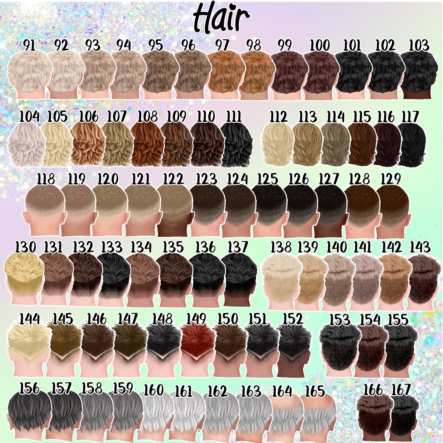 Shows the different options for hair for personalisation for this mug, from short to long