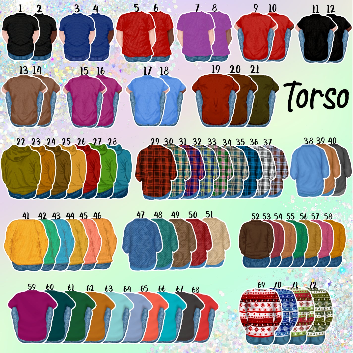 Shows all the different Torso options for personalisation on this mug, long sleeved, short sleeved and jumpers there is an option for everyone