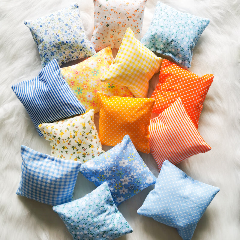 Catnip Cat Toy pillows stuffed with strong smelling catnip in floral bright fabrics