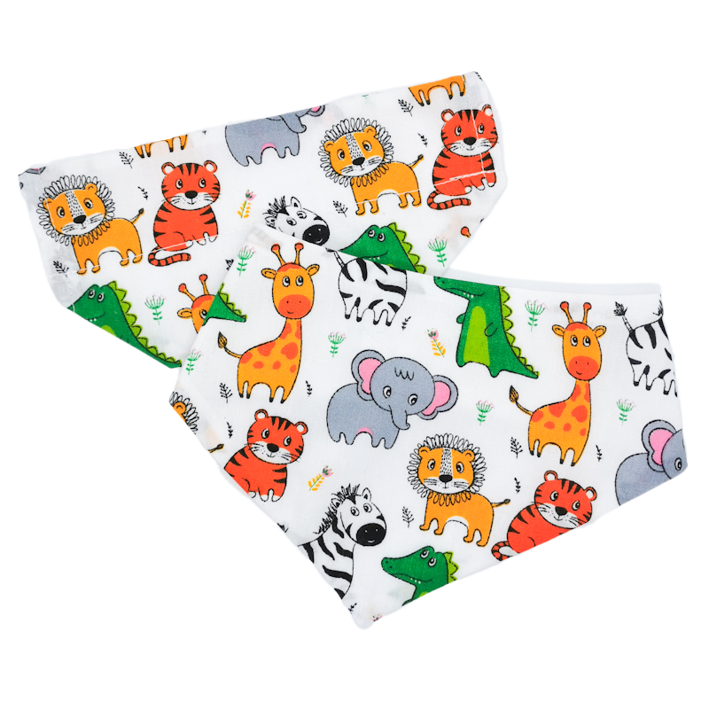 photo shows both an over the collar and round neck pet bandana in the white safari animals print, the bandanas are brightly coloured and would make your pet stand out in a crowd