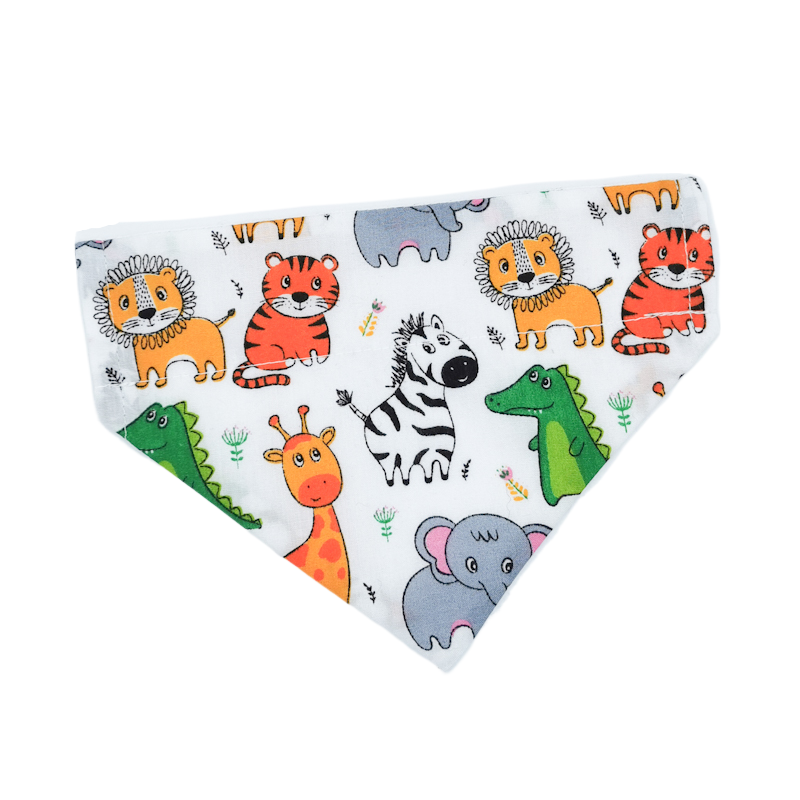 photo shows an over the collar white safari bandana made from high quality fabric, the bandana would make a great pet apparel addition to any cat or dogs wardrobe