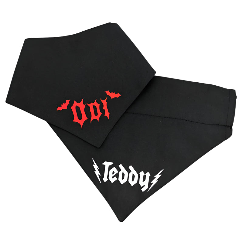 Black bandanas with red and white text on a white background