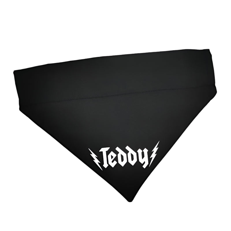 Black bandana with 'Teddy' printed on it against a white background