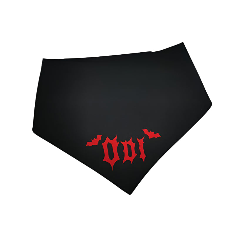 black bandana with the word odi printed in red on a white background