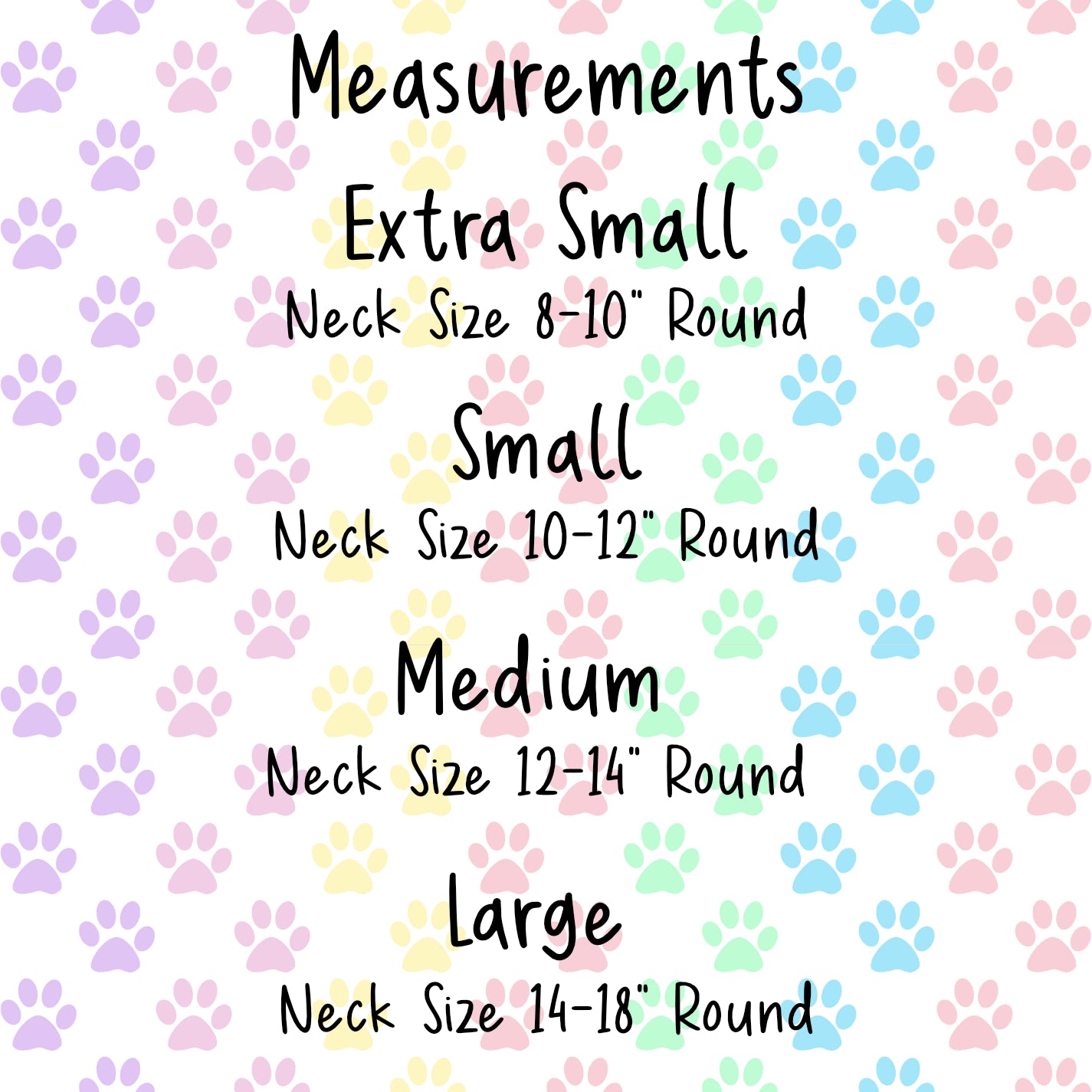 Photo shows the sizes of the round neck pet bandana, ranging from extra small to large which means the bandanas are a great size for any size pet, Cat or dog