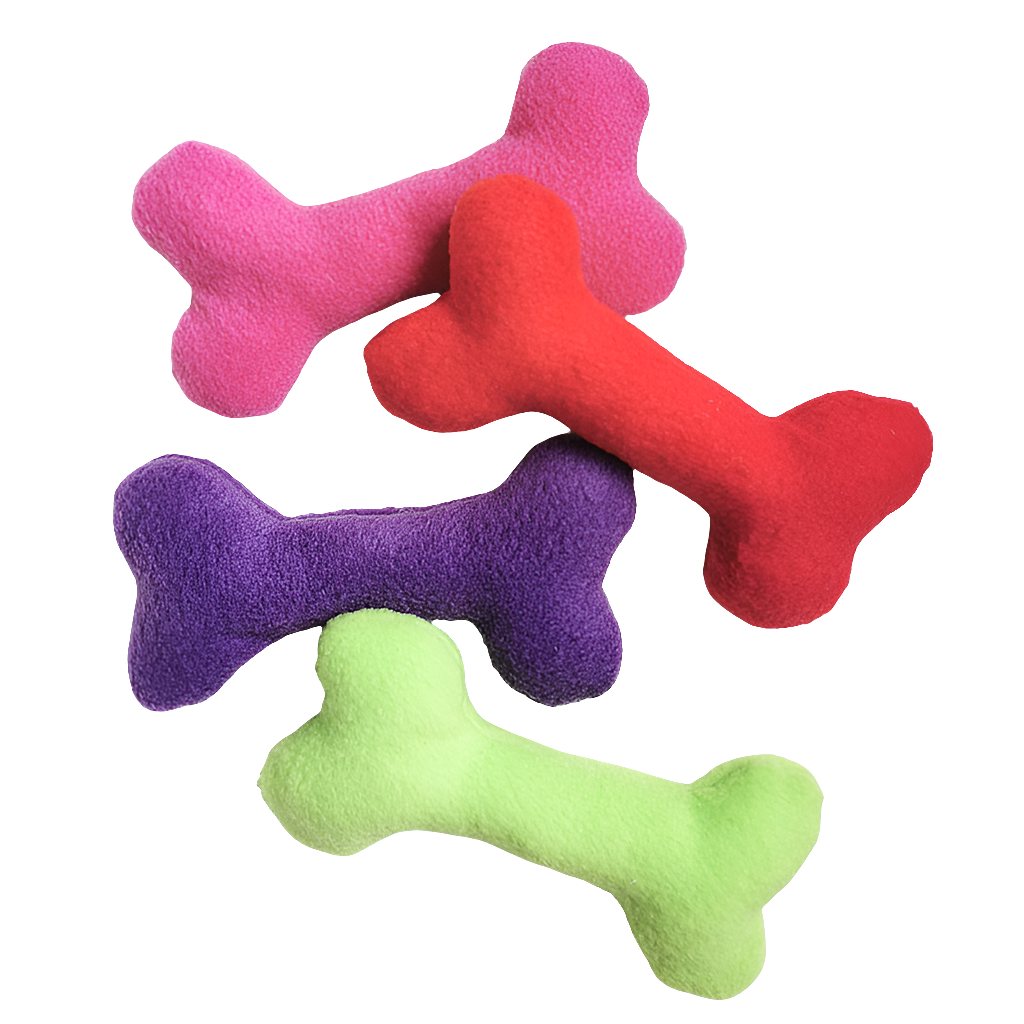 Picture shows four fleece dog squeaky bone toys in pink, red, purple and green