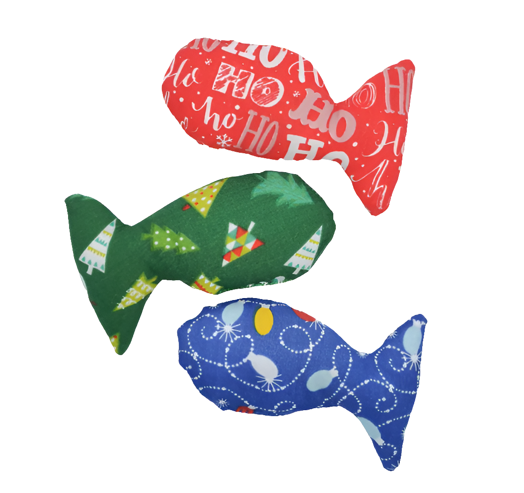Catnip Cat Toy Fish made from Christmas themed fabric