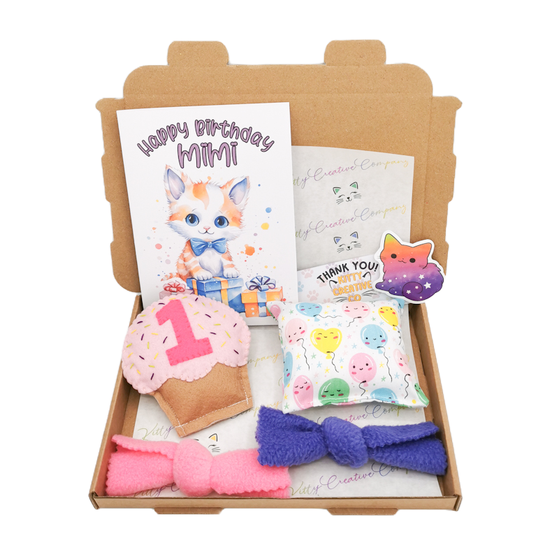 Cat Birthday Gift Box With Personalised Cupcake and Card