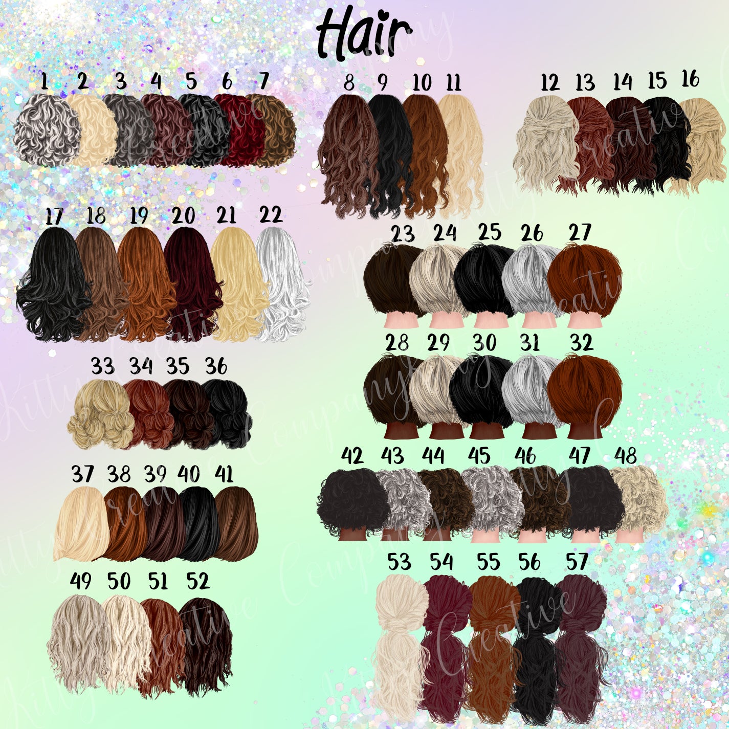 Picture shows the first set of hair options numbered 1 to 57