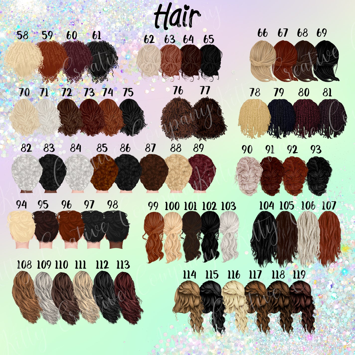 Picture shows the second set of hair options numbered 58 to 119