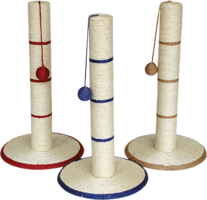 three cat scratchers, one yellow, one blue and one red, the scratchers measure 62cm high perfect for large cat breeds to scratch on, covered in strong sisal with a sturdy base