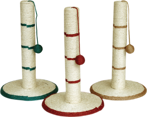 three cat scratchers, one yellow, one red and one green, measuring 46cm tall is perfect for smaller cat breeds, covered in strong sisal to withstand scratching and a strong sisal base