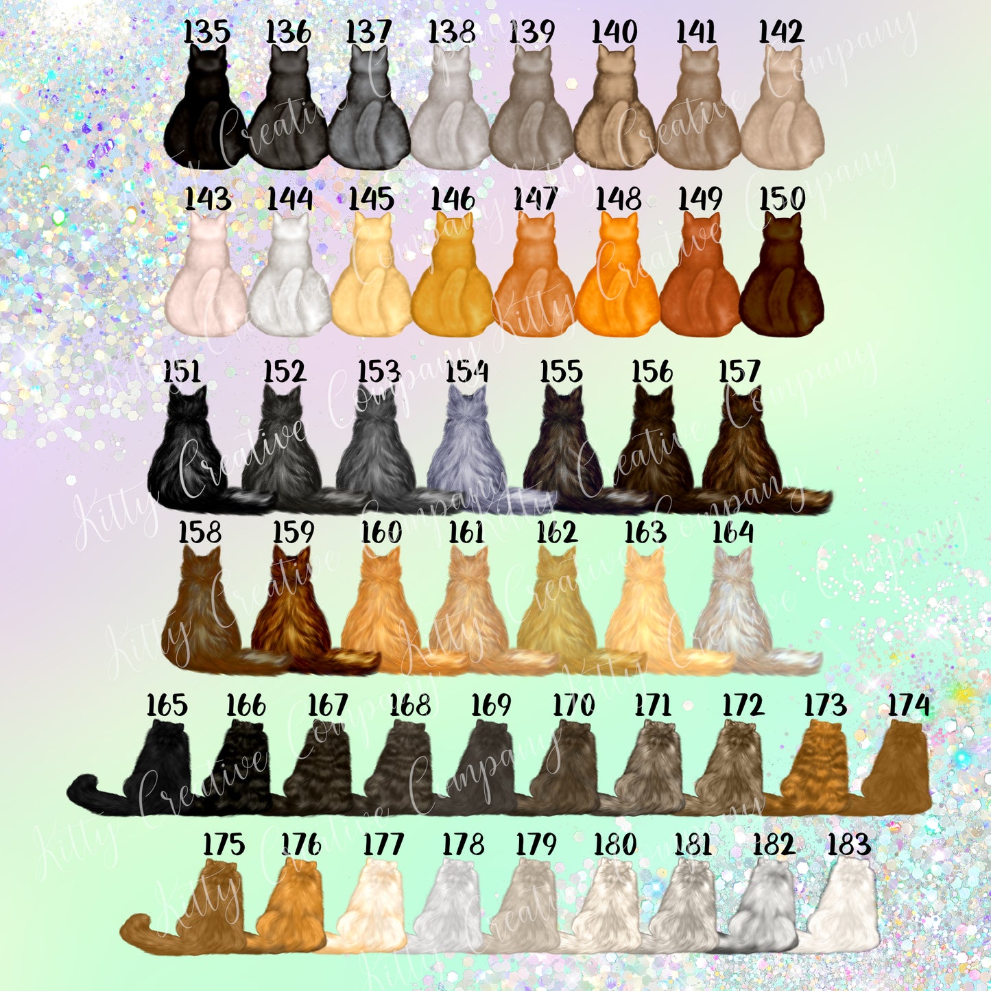 Picture shows the third set of cat options numbered 135 to 183