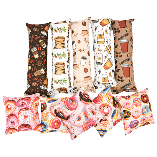 five catnip kickers filled with high strength catnip in coffee themed fabric and five catnip pillows in donut themed fabric
