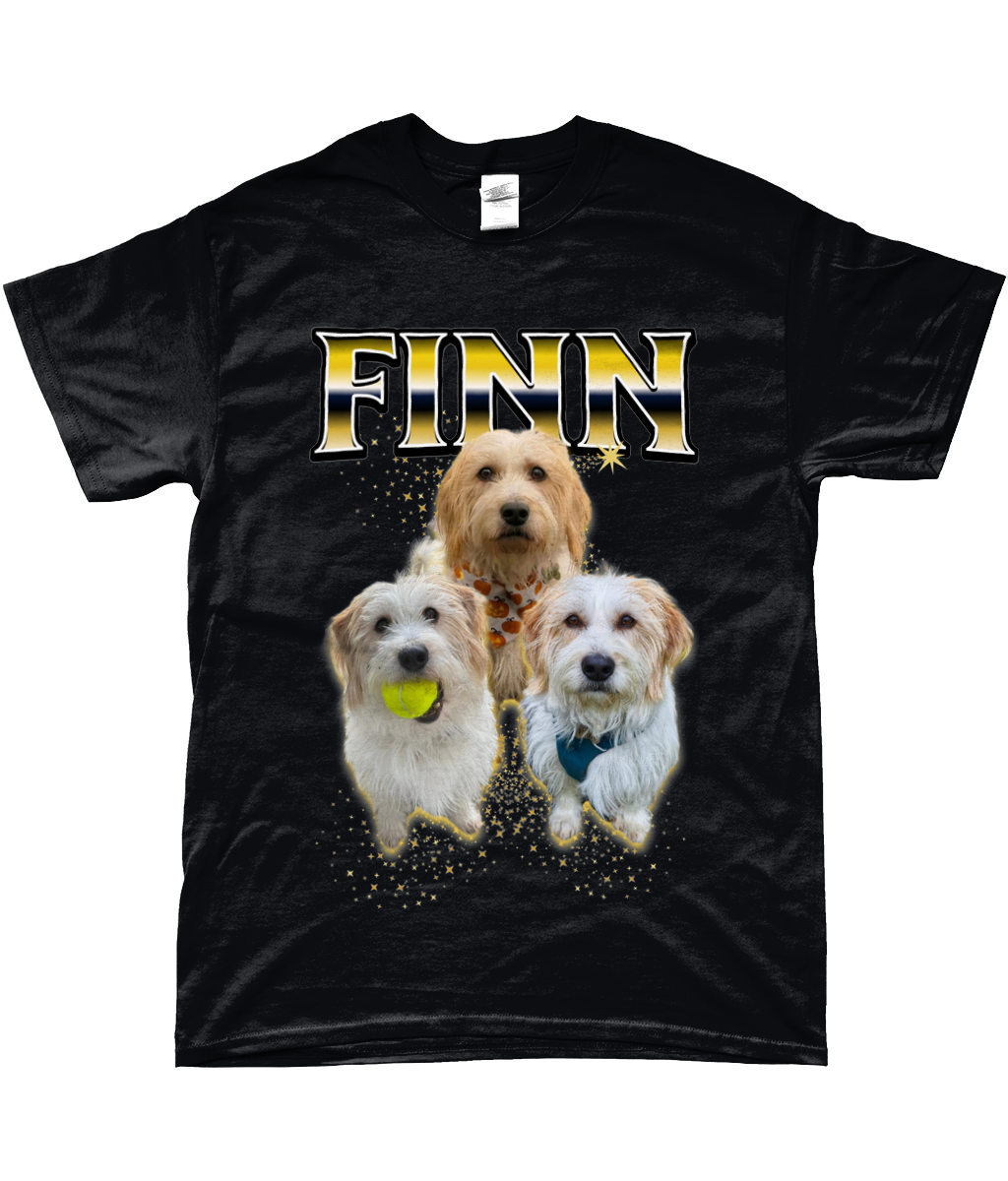 90's style novelty t-shirt personalised with five images of a terrier mix dog and the word "Finn" in metallic style text with stars around