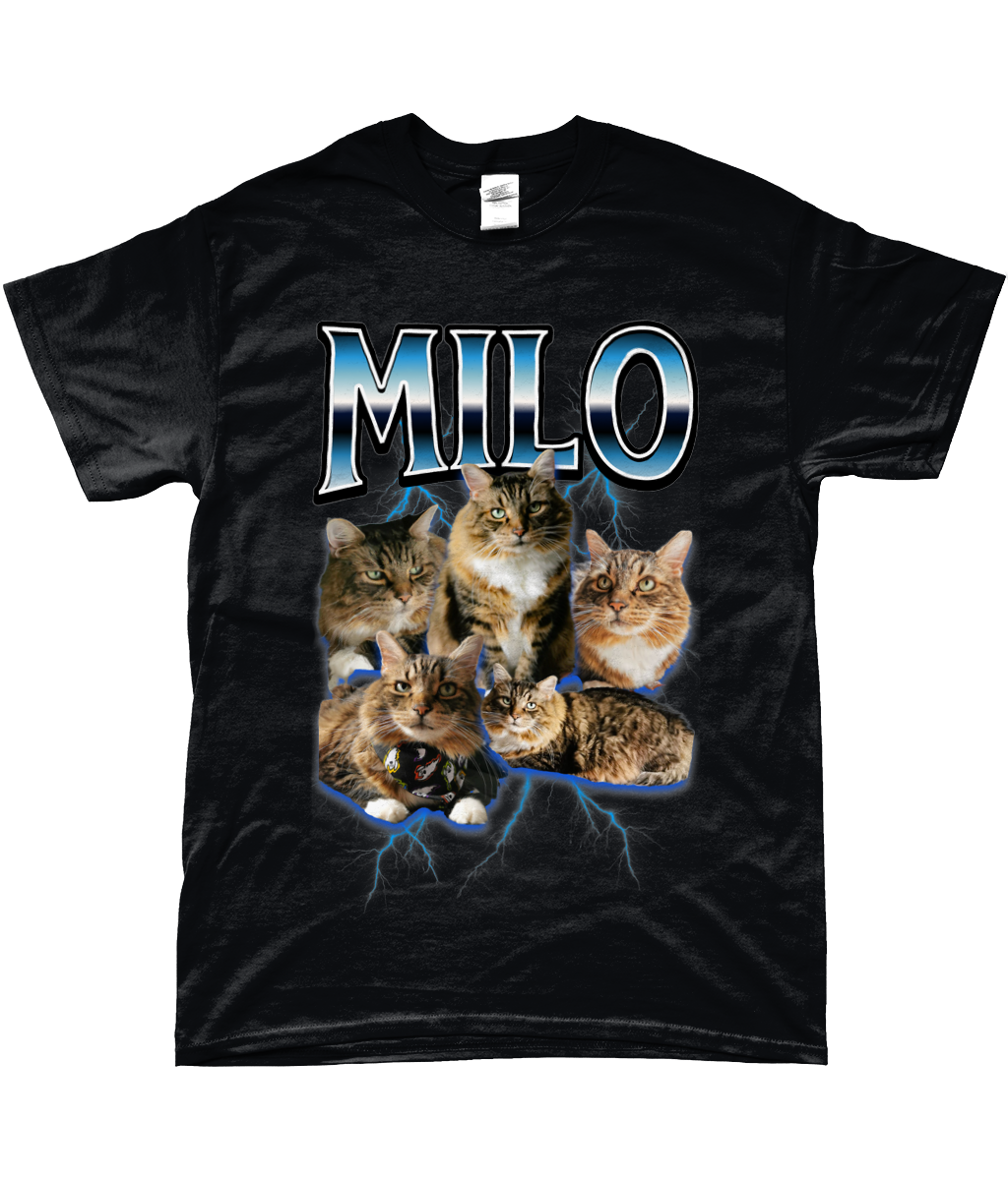 90's style novelty t-shirt personalised with five images of a tabby cat and the word "Milo" in metallic style text with lightning around