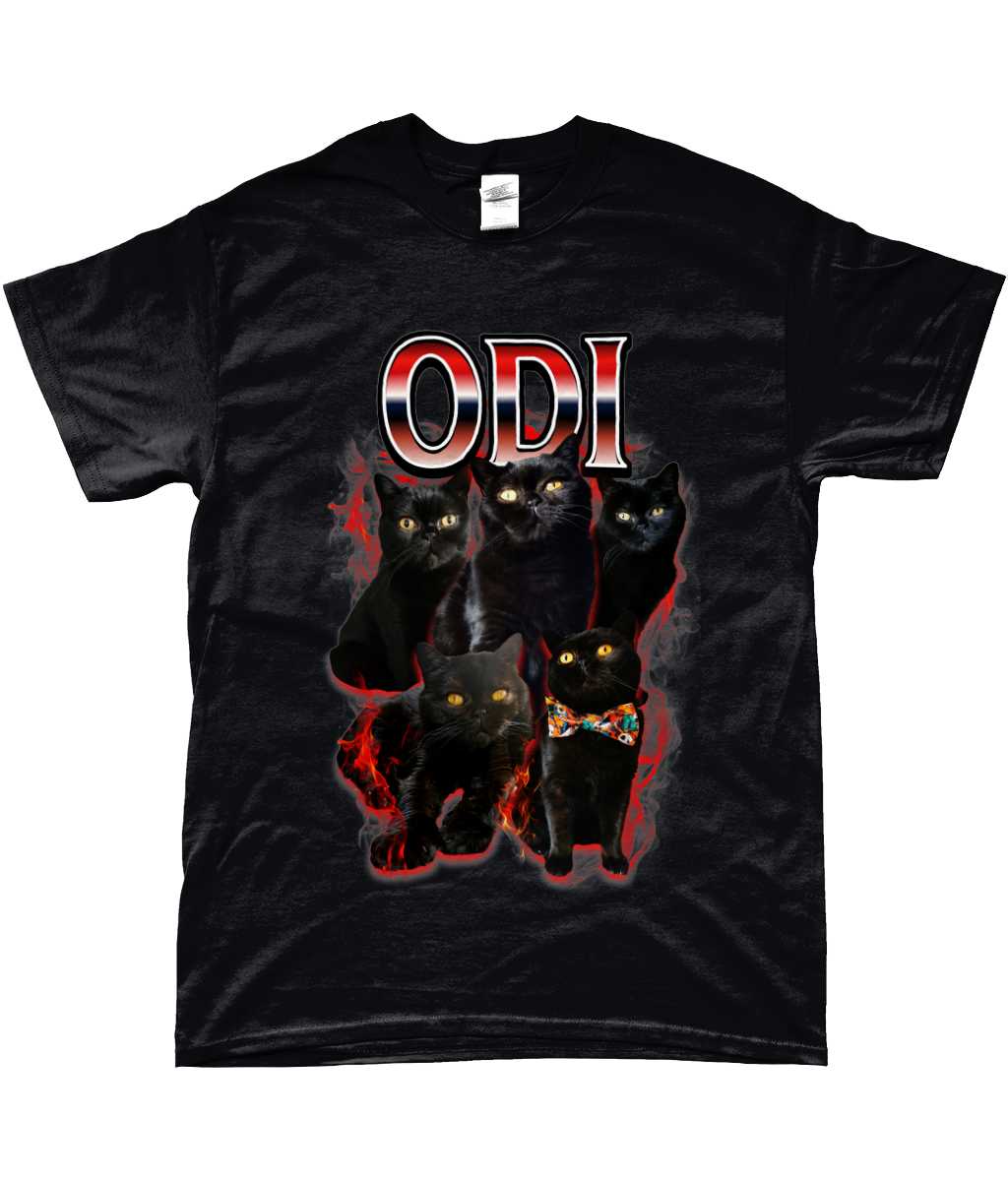 90's style novelty t-shirt personalised with five images of a black cat and the word "Odi" in metallic style text with flames and smoke around