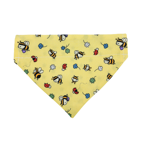 Picture shows an adorable pet bandana with a yellow background and cartoon bees on, cute gift for cats and dogs