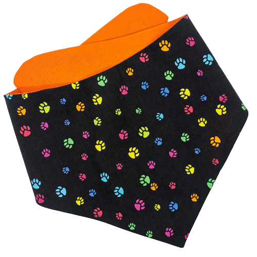 Photo shows a round the neck pet bandana which is black with coloured paws on, this bandana is great for every day wear for either a cat or a dog and would make a great gotcha day or birthday gift for any cat lover or dog owner 