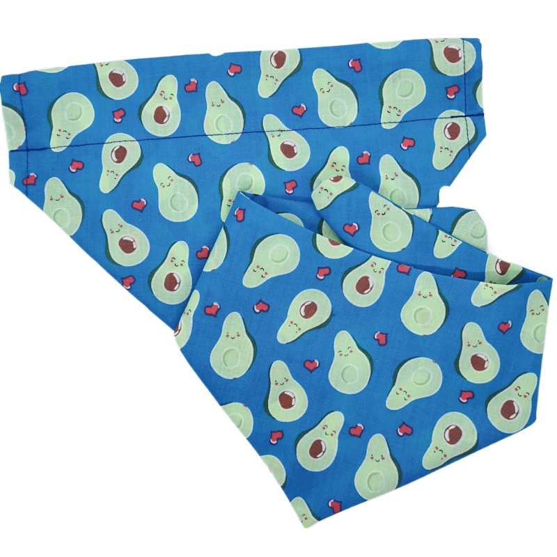 Picture shows both the over the collar and round neck versions of this bandana, both cute and fashionable for your pet.