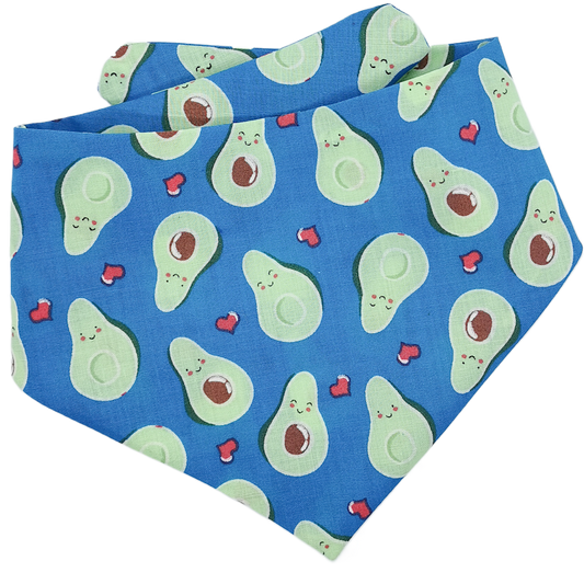 Picture shows a pet bandana depicting adorable happy kawaii advocados. a cute gift for cats and dogs.