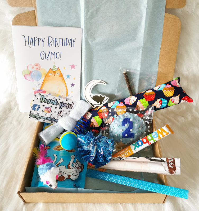 Blue cat birthday gift box with a personalised felt cupcake, card, catnip kicker, assortment of treats and toys which cats will love.