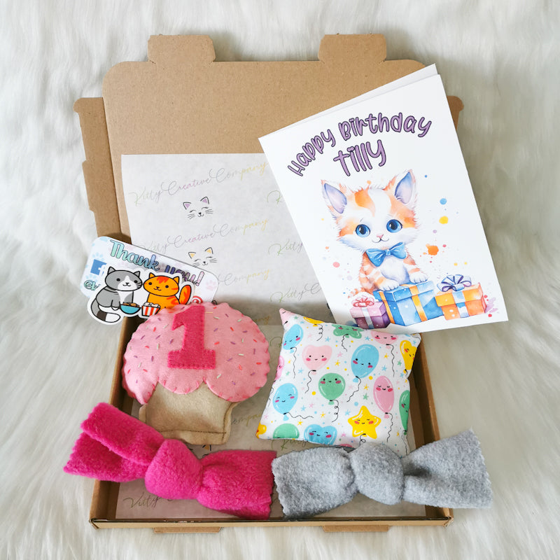 Cat Birthday Gift Box With Personalised Cupcake and Card