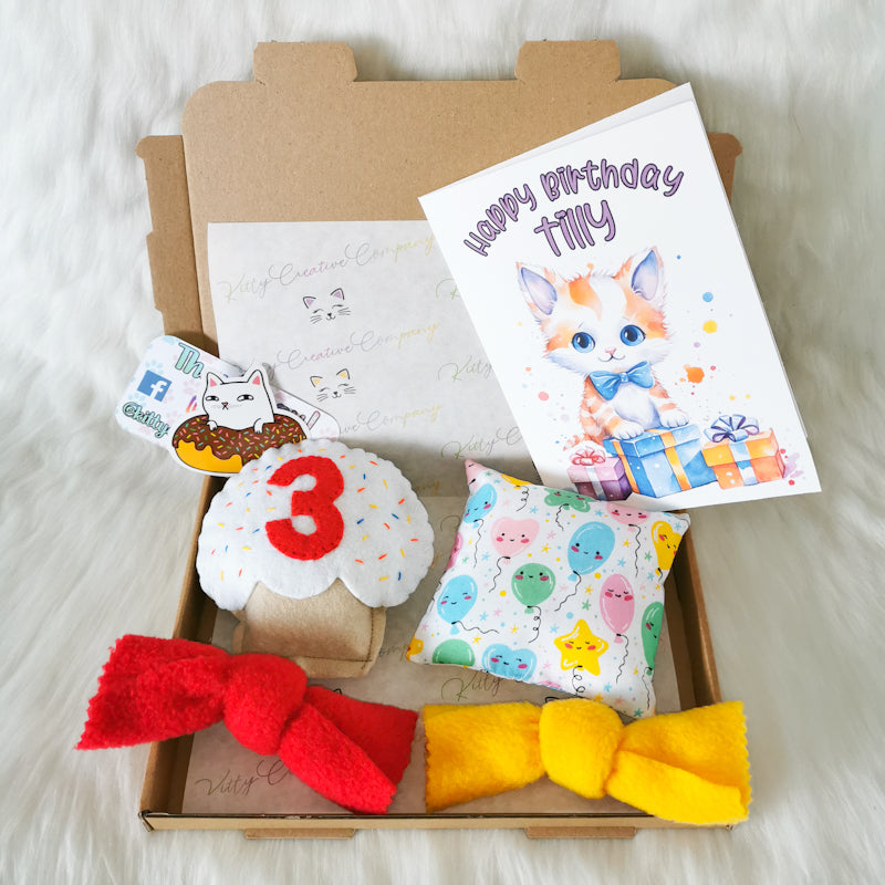 Cat Birthday Gift Box With Personalised Cupcake and Card