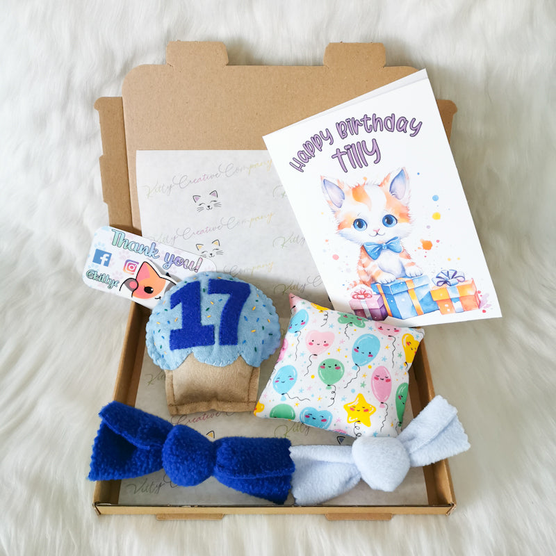 Cat Birthday Gift Box With Personalised Cupcake and Card