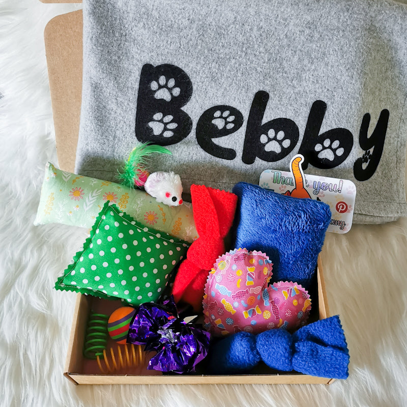 Cat Toy Gift Box With Personalised Blanket