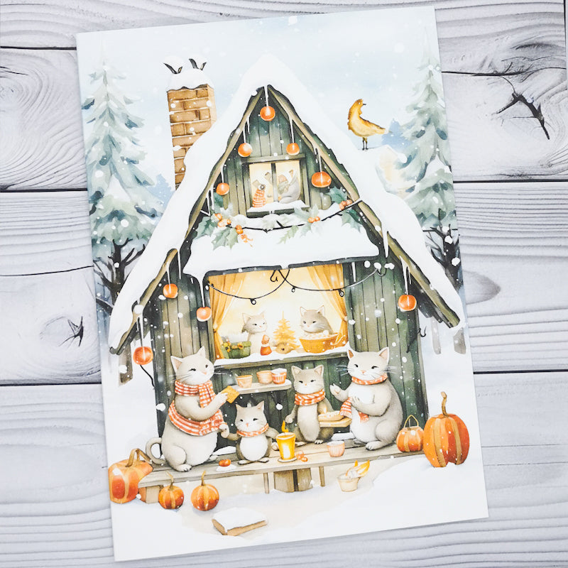 Winter Cottage Christmas Cats Card