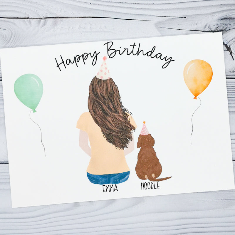 A greeting card that is intended for dog mum birthdays, the birthday girl is sat next to a dog, they both have party hats on and there is birthday balloons