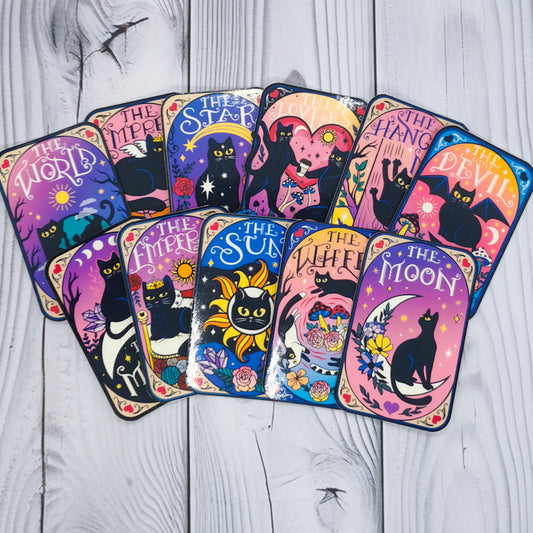 A set of 11 high quality, high gloss stickers which show black cats as the different tarot cards, such as the moon and the sun, makes a great gift for both cat lovers and witchy women