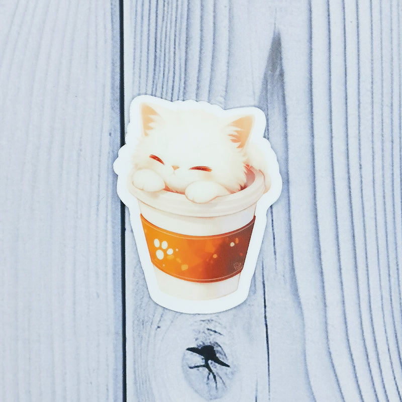 White Cat Latte Cup Sticker