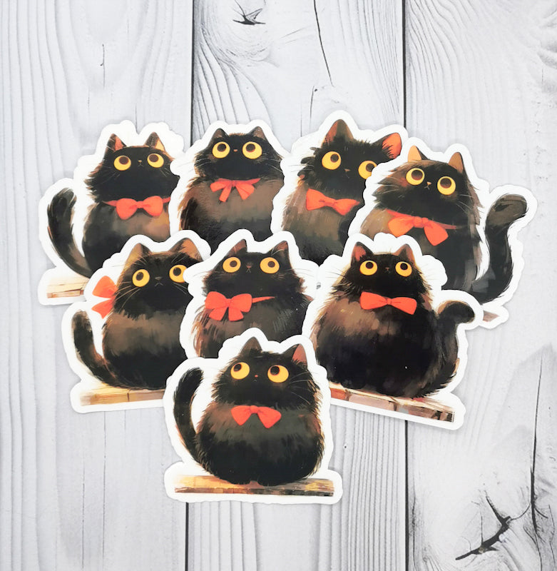 Set of 8 black cat glossy stickers, the cats are adorable and kawaii and would make great waterbottle stickers or journal stickers 