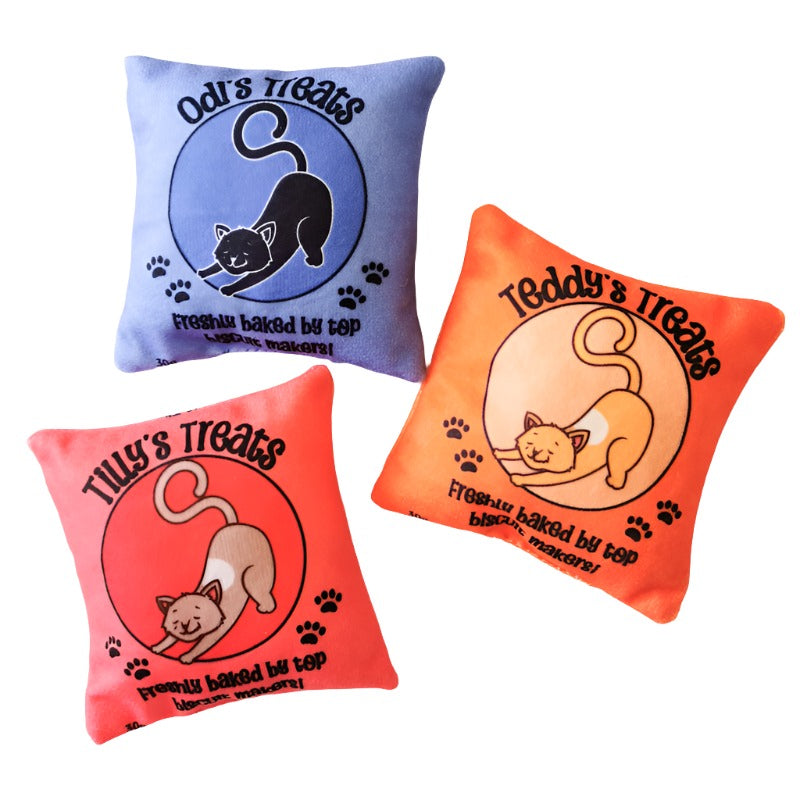 catnip cat toy pillow in the shape of a personalised treat bag for cats