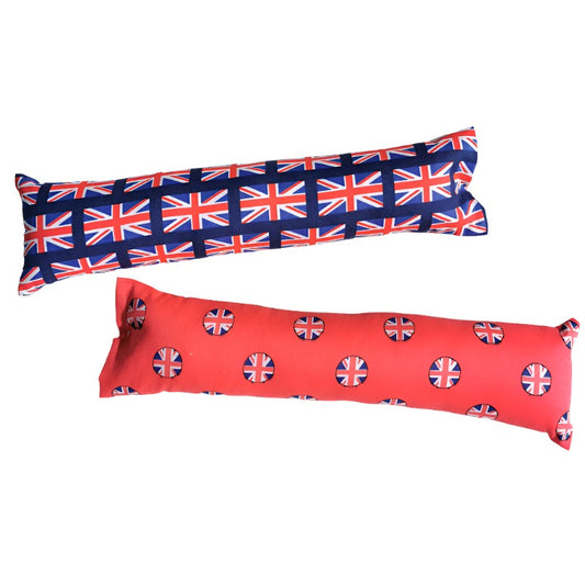 The perfect gifts for cats! Photo shows two catnip kickers, one in union jack fabric with a blue background and one with small circular union jacks on with a red background. The kickers are highly potent and made from strong smelling catnip which your cat will love.