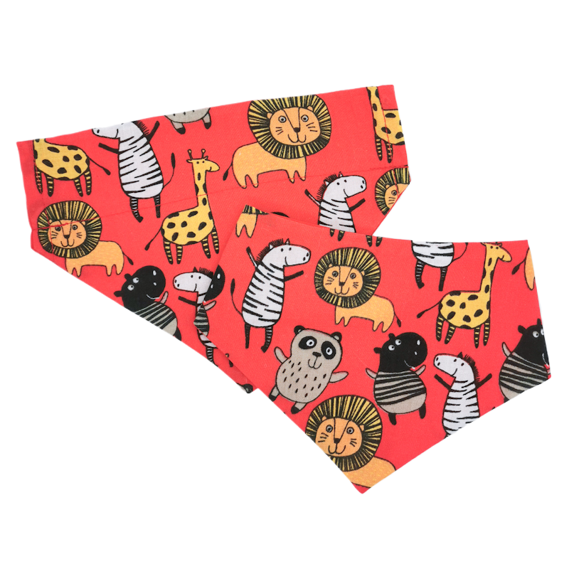 photo shows both an over the collar and a round neck red safari animals pet bandana, the bandanas are expertly crafted from high quality materials and would make a great gift for cats