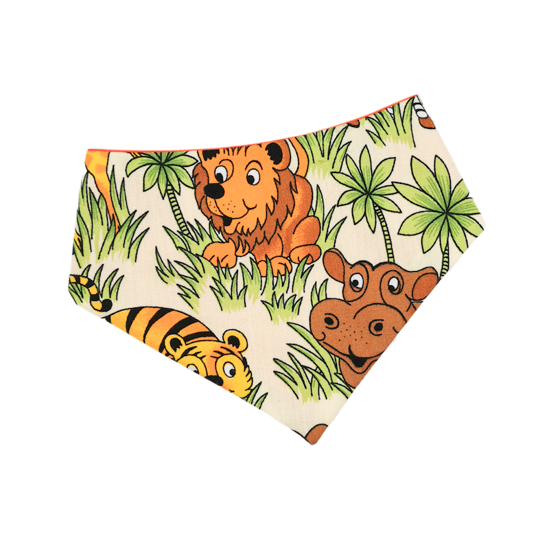 photo shows a round neck pet bandana in the safari animals fabric, the bandana is adorable and would look cute on any cat or dog, this bandana would make a great gift for any new pet owner or for a gotcha day gift