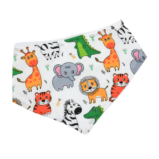 photo shows a pet bandana with a white background and various brightly coloured safari animals on, the bandana is expertly made and sewn and is made from high quality fabric, the bandana would make a fantastic gift for a cat or dogs birthday