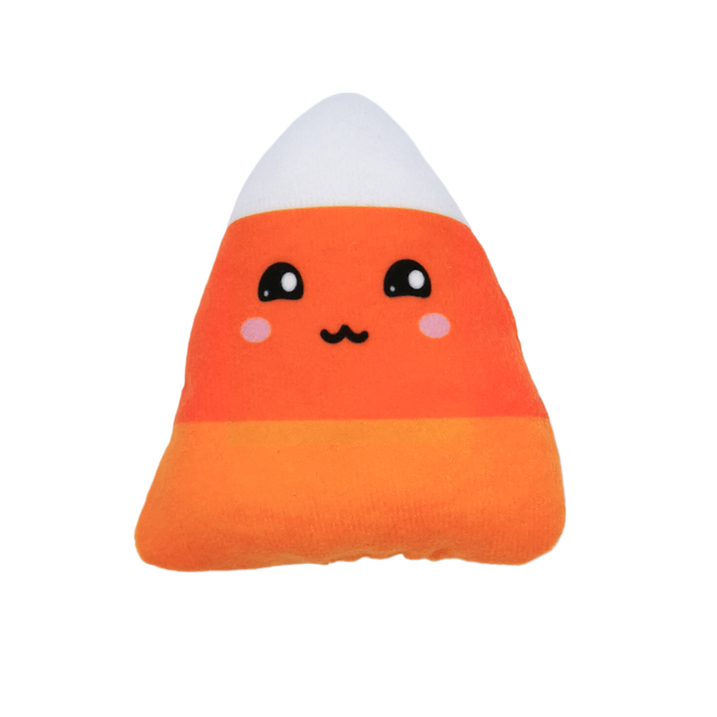 A Halloween catnip cat toy in the shape of a kawaii corn 