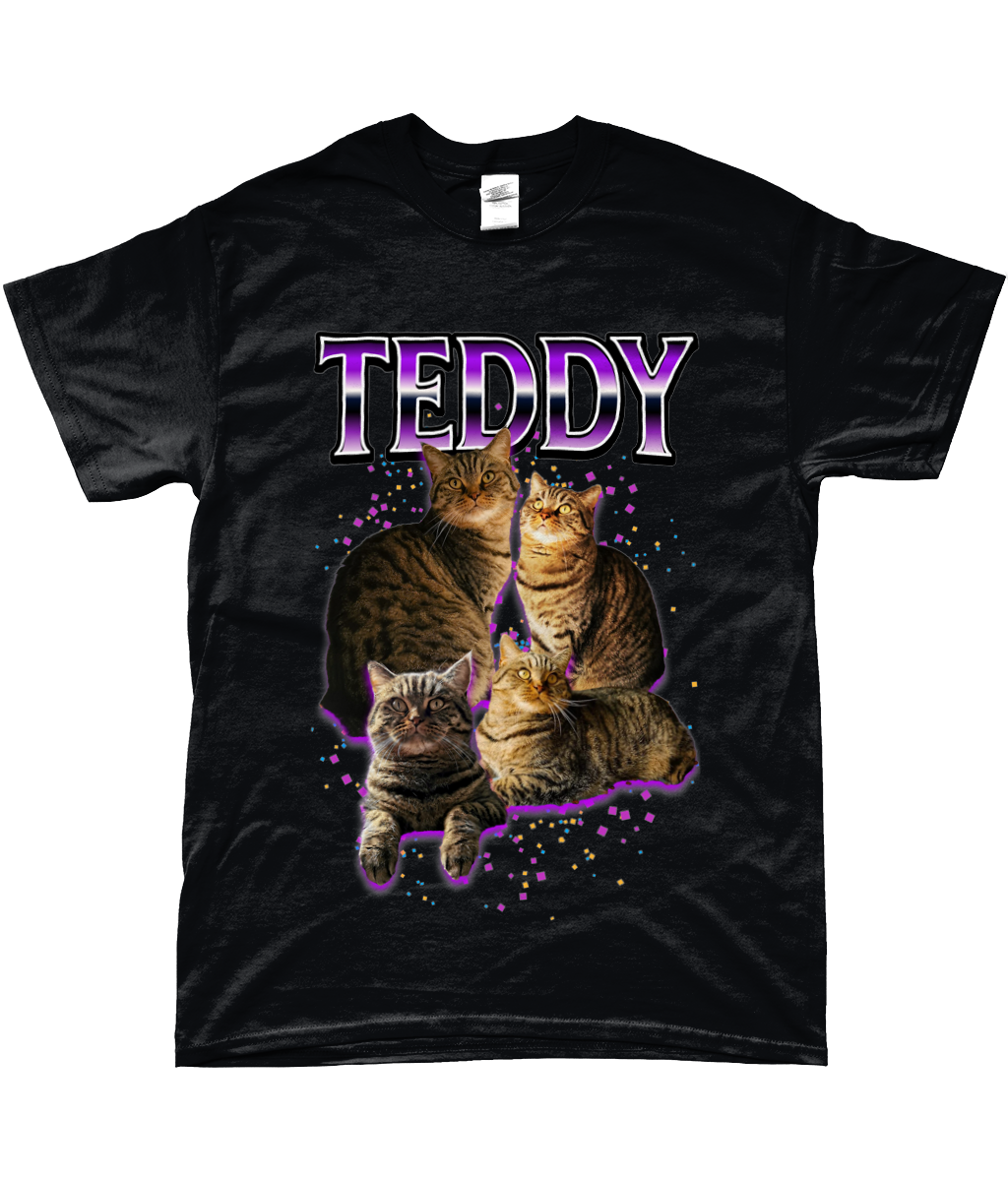 90's style novelty t-shirt personalised with five images of a tabby cat and the word "Teddy" in metallic style text with geometric shapes around