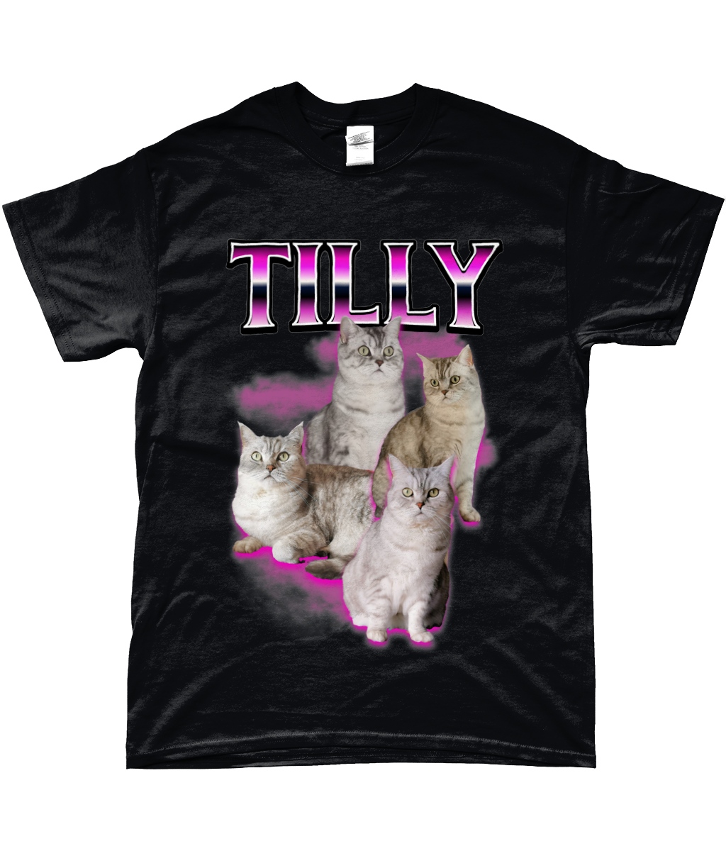 90's style novelty t-shirt personalised with five images of a tabby cat and the word "Tilly" in metallic style text with clouds