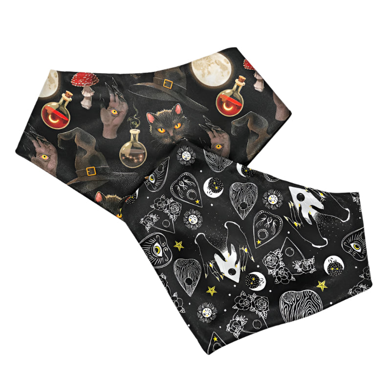 Two black bandanas with Halloween-themed designs on a white background