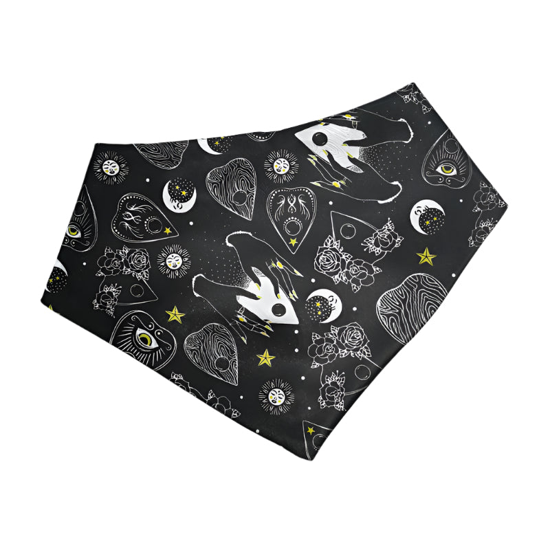 Black bandana with white witchy patterns on a white background