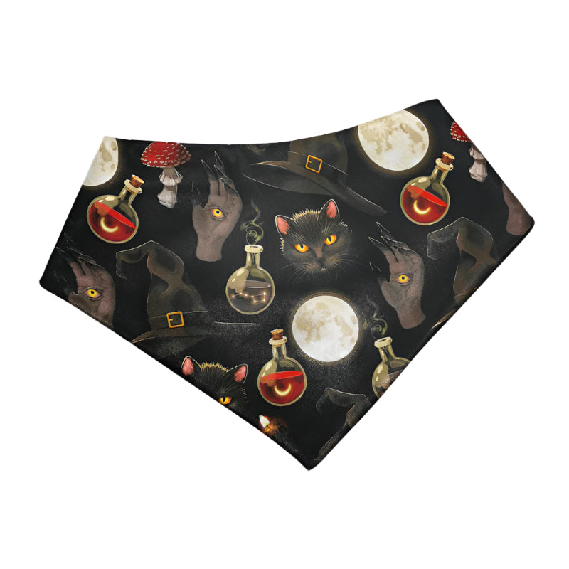 Halloween-themed bandana with cats, full moons, and potion bottles on a black background.