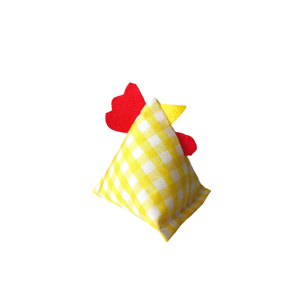 Catnip Cat Toy chickens made in the shape of triangles from various farm themed fabrics, stuffed with strong smelling catnip