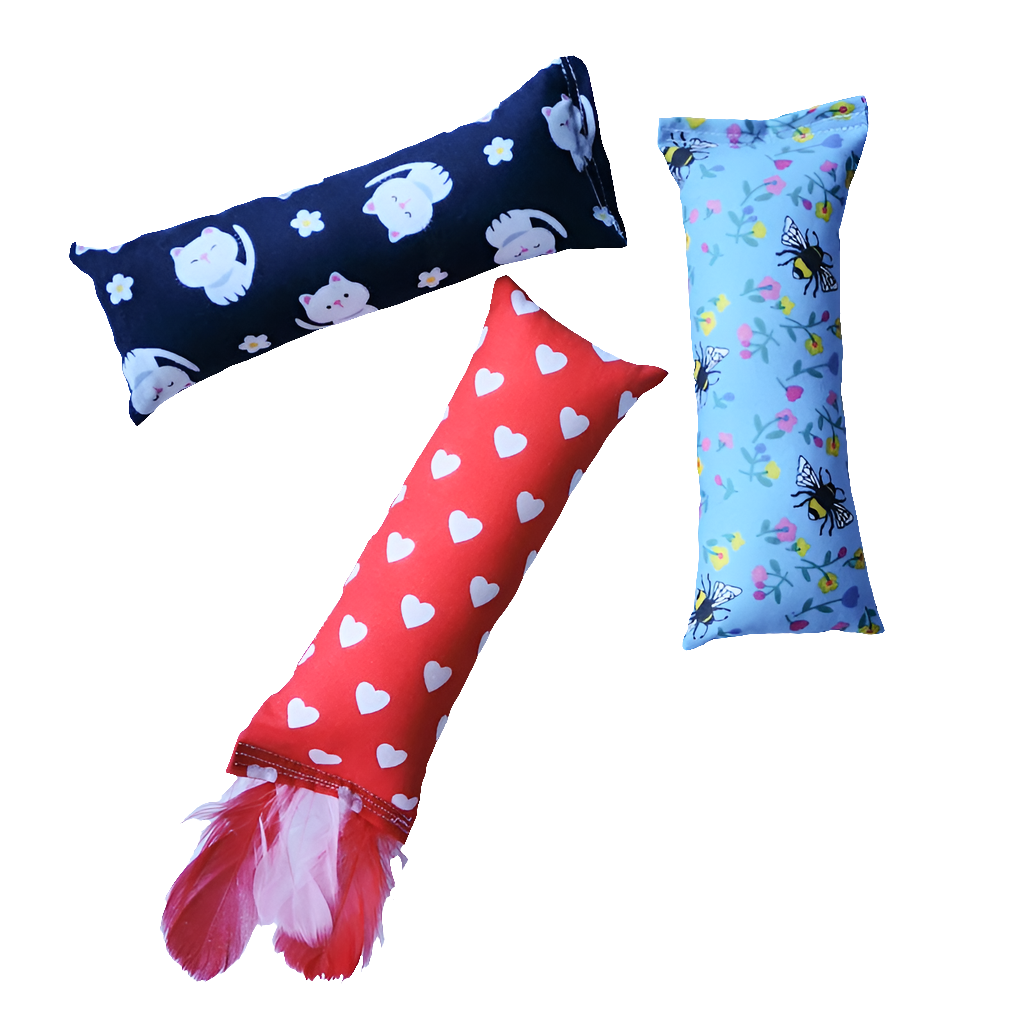 Catnip Cat Toy cat kickers made from a variety of beautiful fabrics and made with feathers